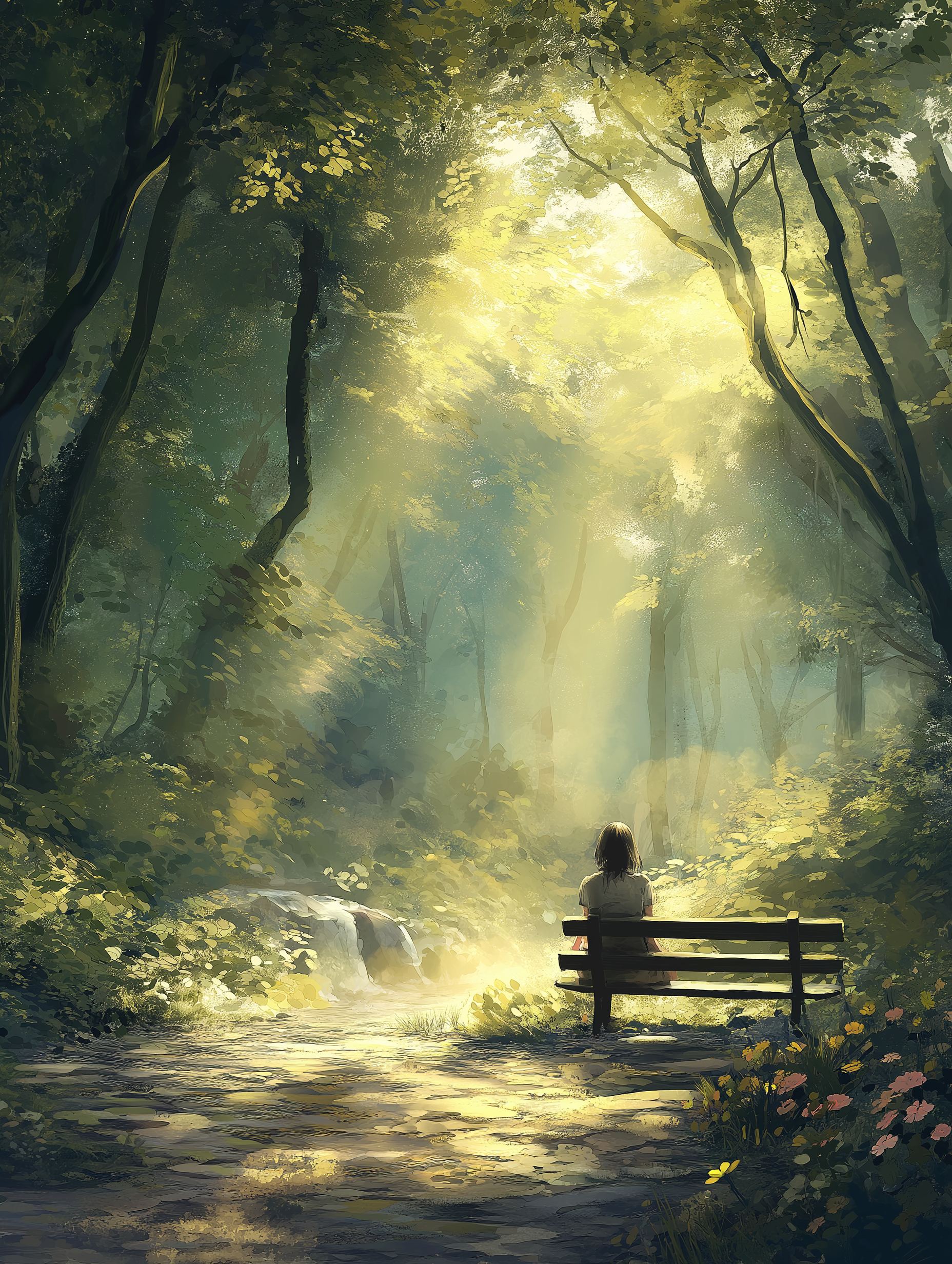 O persoana stand pe o banca in padure